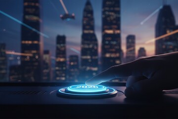 A finger presses a button with the year 2026 on a dark city background
