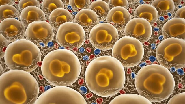 Multiple thyroid follicles arranged like a honeycomb, each shimmering with warm golden tones, microcapillaries weave between the follicles, carrying red and blue blood cells