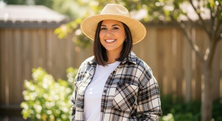 Happy woman in straw hat and plaid shirt outdoors