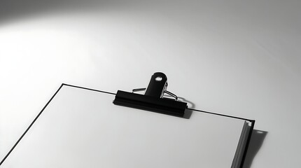 professional photo of a close-up shot of a pristine blank calendar with a sleek black binder clip attached at the top, featuring a smooth matte finish that subtly reflects light.