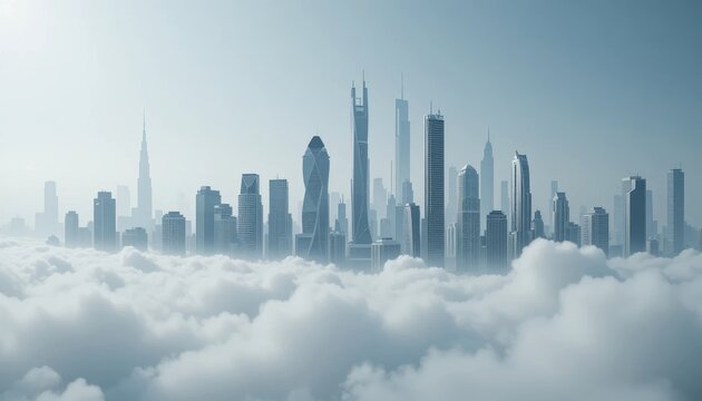 Skyline towering above clouds at dawn with a misty atmosphere Generative AI