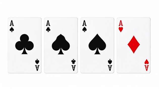 Four aces from a standard deck—diamonds, spades, hearts, clubs—arranged side by side on flat surface.