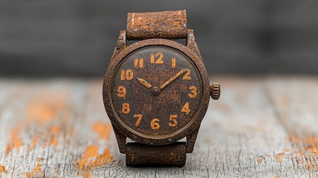 Aged Brown Vintage Wristwatch on Rustic Wood
