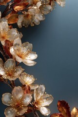 Sophisticated floral frame featuring translucent white cherry blossoms with golden stamens and rich bronze metallic leaves arranged elegantly around light blue borders of the composition