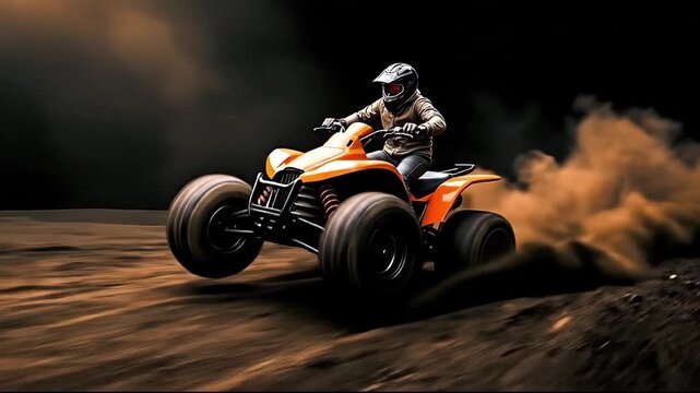 A man riding an orange quad bike on a dirt road