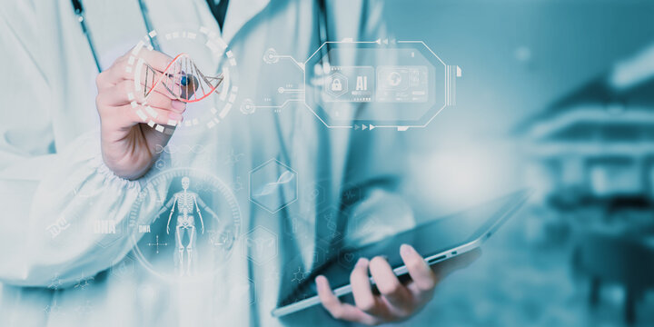 Doctor analyzing DNA structure using AI and digital hologram interface, representing biotechnology innovation, genetic research, precision medicine, futuristic healthcare technology in modern science. - Powered by Adobe