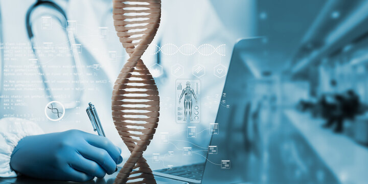 Doctor using digital pen to analyze DNA and medical data through AI interface, representing biotechnology innovation, precision medicine, and futuristic healthcare research in modern medical science.