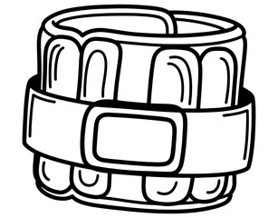 Single ankle or wrist weight with strap for fitness workout hand drawn vector illustration. Black and white gym gear sketch isolated on white background.