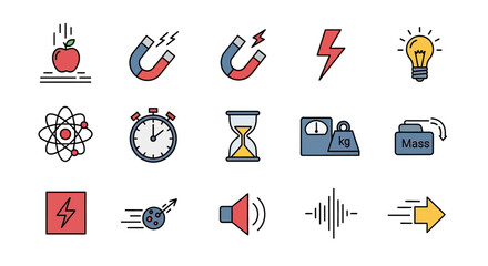 Colorful vector illustrations of various scientific concepts and symbols. Includes objects of motion, atom, magnets, electricity, sound, and time. Features bright colors and clear lines