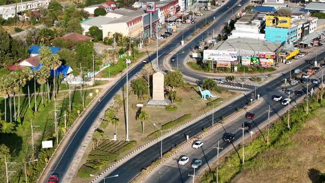 Aerial Landscape of Kalasin Provincial Entrance Roundabout with Local Landmark and Vehicles