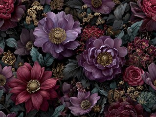 Chic and elegant watercolor floral background with many dark-toned flowers, classic and luxurious style