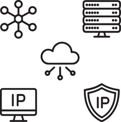 Black and white network icons representing server cloud ip and security concepts