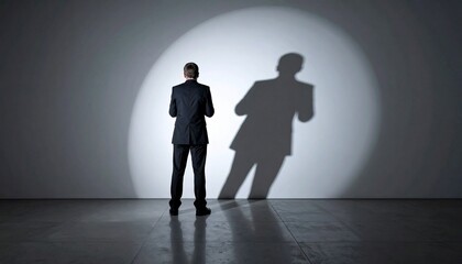 Fototapeta premium Person in suit facing wall under spotlight, casting shadow in circular light on gray background.