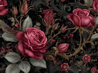Chic and elegant watercolor floral background with many dark-toned flowers, classic and luxurious style