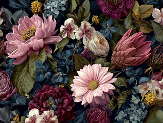Chic and elegant watercolor floral background with many dark-toned flowers, classic and luxurious style
