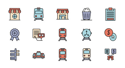 A collection of various colorful vector icons, including transportation, commerce, finances, time, and documents, each with a distinct shape and outline
