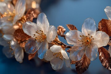 Sophisticated floral frame featuring translucent white cherry blossoms with golden stamens and rich bronze metallic leaves arranged elegantly around light blue borders of the composition