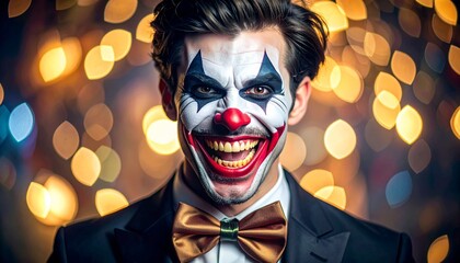 Person in suit with clown makeup against colorful bokeh lights, evoking duality and performance themes.