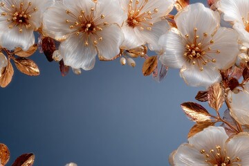 Sophisticated floral frame featuring translucent white cherry blossoms with golden stamens and rich bronze metallic leaves arranged elegantly around light blue borders of the composition