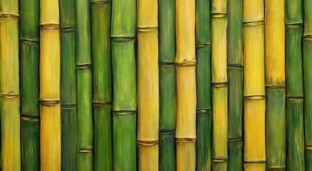 Naklejka premium Colorful Bamboo Wall With Green and Yellow Stalks in a Natural Setting During Daylight