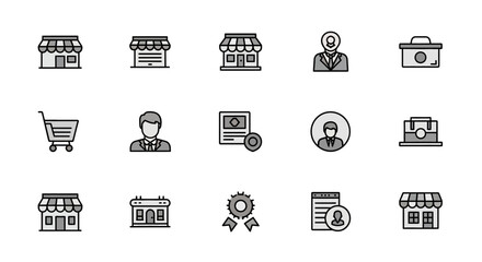 A collection of simple business icons, featuring shops, people, documents, and related elements in a flat design style, rendered in grayscale