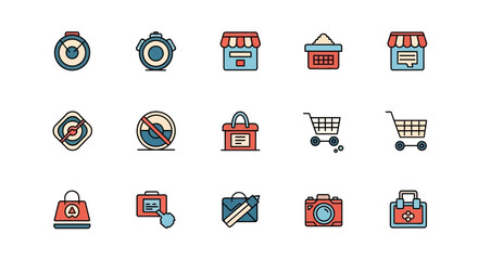 A collection of colorful, flat-style vector icons featuring various objects like clocks, storefronts, shopping carts, bags, cameras, and tools, suitable for digital interfaces