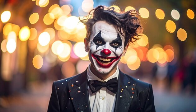 Person in suit with clown makeup against colorful bokeh lights, evoking duality and performance themes.