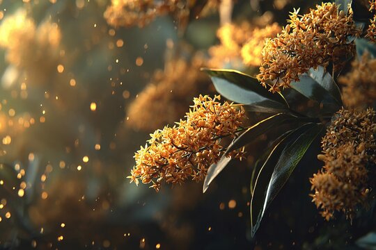 Artistic hero visual of osmanthus trees in bloom, dense clusters of small golden-orange flowers glowing in soft warm sunlight