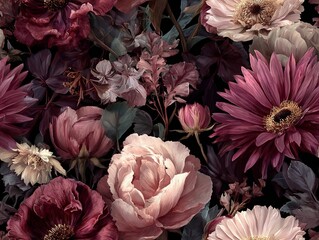 Rustic and elegant watercolor pattern with purple peonies, smoky pink roses, wine red chrysanthemums, warm dark tones.