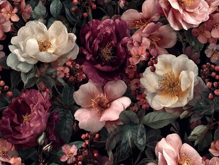 Rustic and elegant watercolor pattern with purple peonies, smoky pink roses, wine red chrysanthemums, warm dark tones.