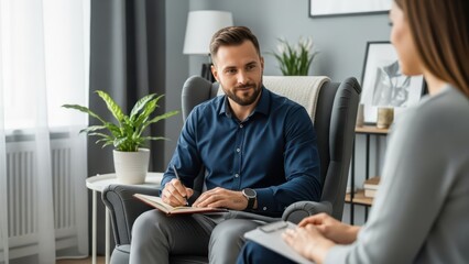 Male therapist engaging in counseling session with female client in modern office
