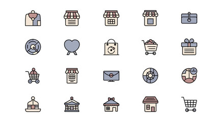 A collection of 20 vector icons on a white background, featuring a variety of objects. Includes shopping-related images, charts, and other elements in a minimalistic style