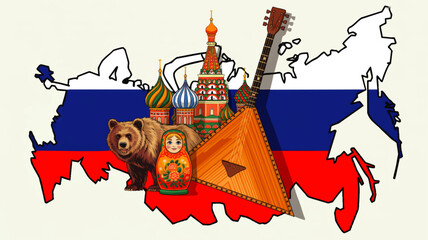 Russian culture illustration with map flag, Saint Basil cathedral, brown bear, matryoshka doll and balalaika folk music instrument