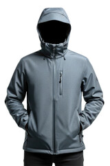 Grey hooded softshell jacket with front zipper and pockets isolated on a transparent background