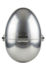 Silver metal egg-shaped container with hinge mechanism isolated on a transparent background