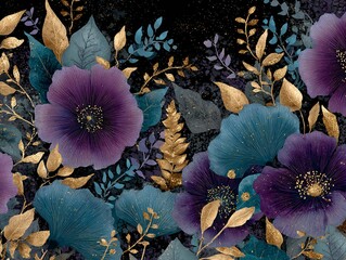 Chic and elegant dark background with blue-purple flowers are paired with golden branches and leaves, creating a refined and retro style
