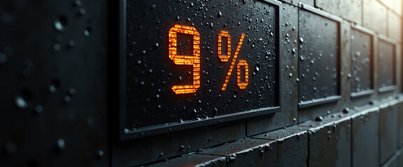 Digital percentage display with rain droplets on dark background  