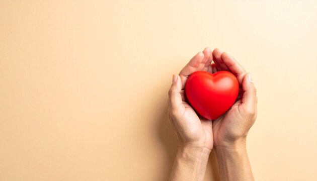 Hands gently holding red heart on beige background, symbolizing care and compassion.