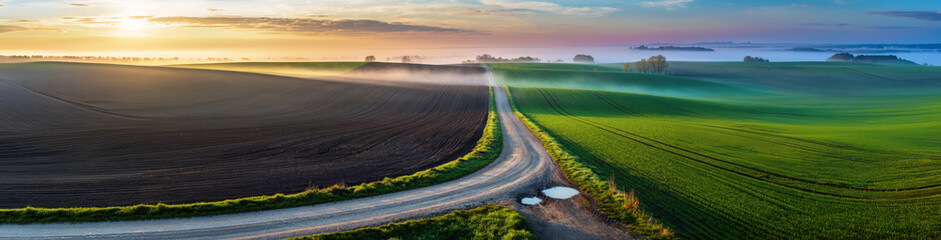 Naklejka premium 4K Ultrawide Panoramic Nature Landscapes Backgrounds - An endless road leads through the verdant landscape towards the horizon.