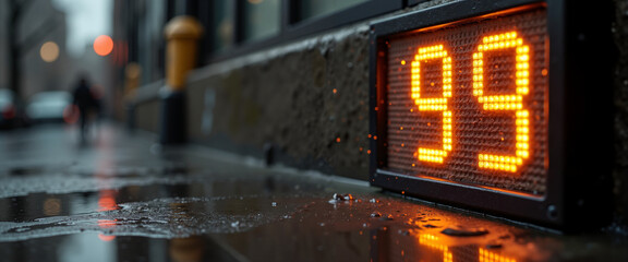 Digital temperature display showing 99 degrees in rainy urban setting  