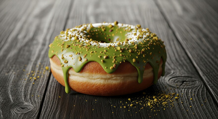 Indulge in a delightful donut with creamy green matcha glaze and pistachio sprinkles, perfect for a sweet treat or bakery concept advertisement
