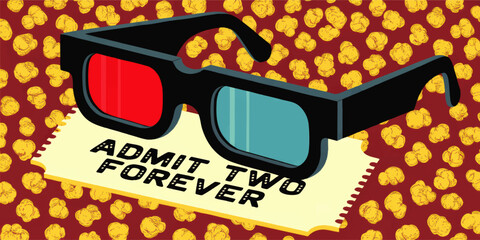 Retro cinema date night illustration with 3D glasses, popcorn pattern background and vintage admit two forever movie ticket