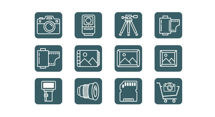 An icon set showcases photography elements within teal-colored squares. Each icon is a white outline, representing a camera, flash, lens, SD card, film rolls, tripod, and gallery imagery