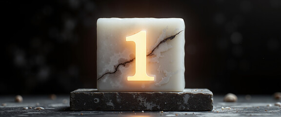 Marble number one illuminated on a dark textured surface  