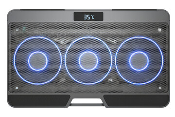 Laptop cooling pad with three blue fans and mesh surface isolated on a transparent background