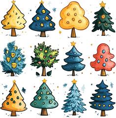 Seamless pattern set with vector Christmas trees, snow, and stars for holiday winter decoration design