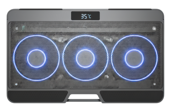 Laptop cooling pad with three blue fans and mesh surface isolated on a transparent background