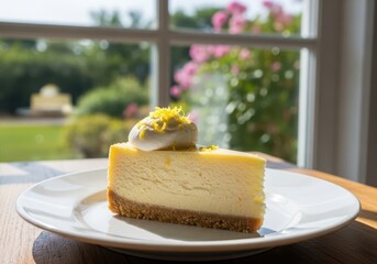 Slice of delicious lemon cheesecake topped with cream and zest served on a white plate near a window with garden view