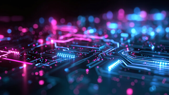 Abstract circuit board with vibrant neon lights, symbolizing technology and data processing. The circuit board glows with vivid hues of blue and pink, creating a futuristic atmosphere - Powered by Adobe