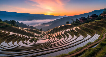 Sunrise over vast rice terraces and misty valleys